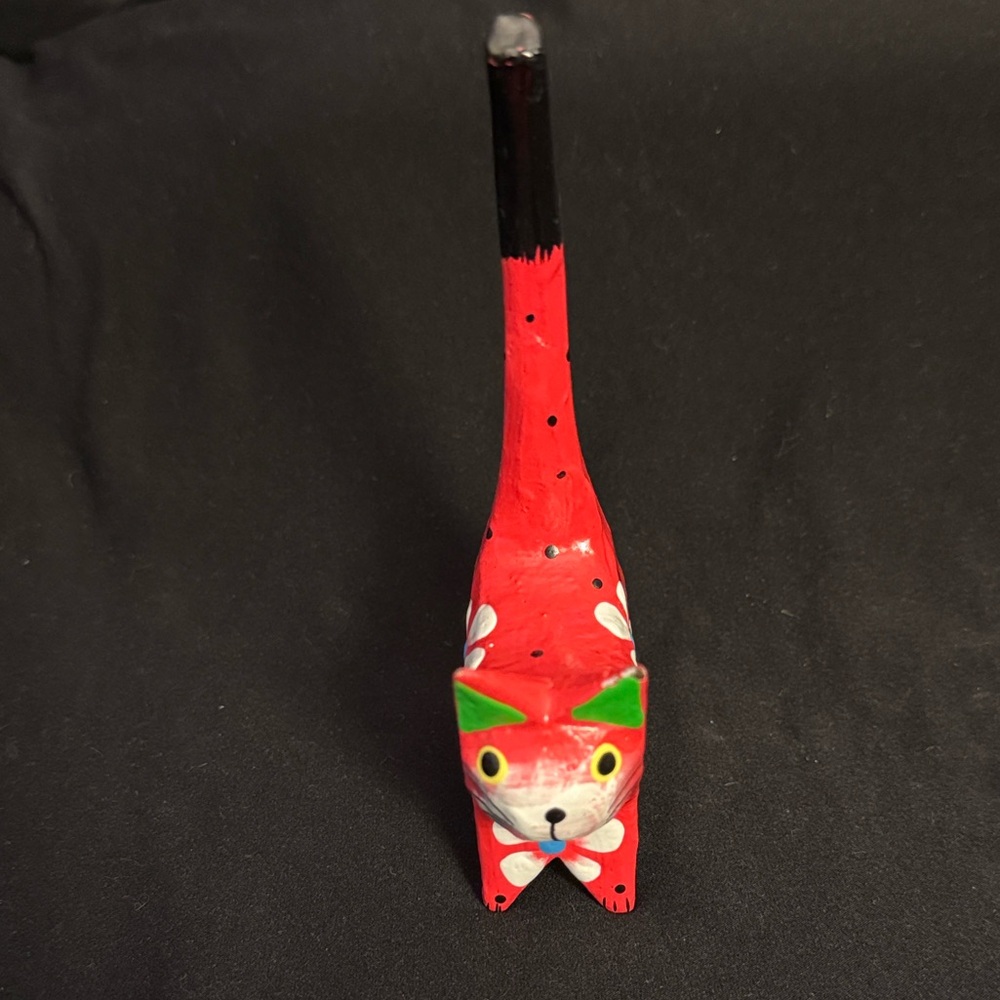 Wooden handmade and painted Red Cat Figurine with Floral Design Ring holder #09